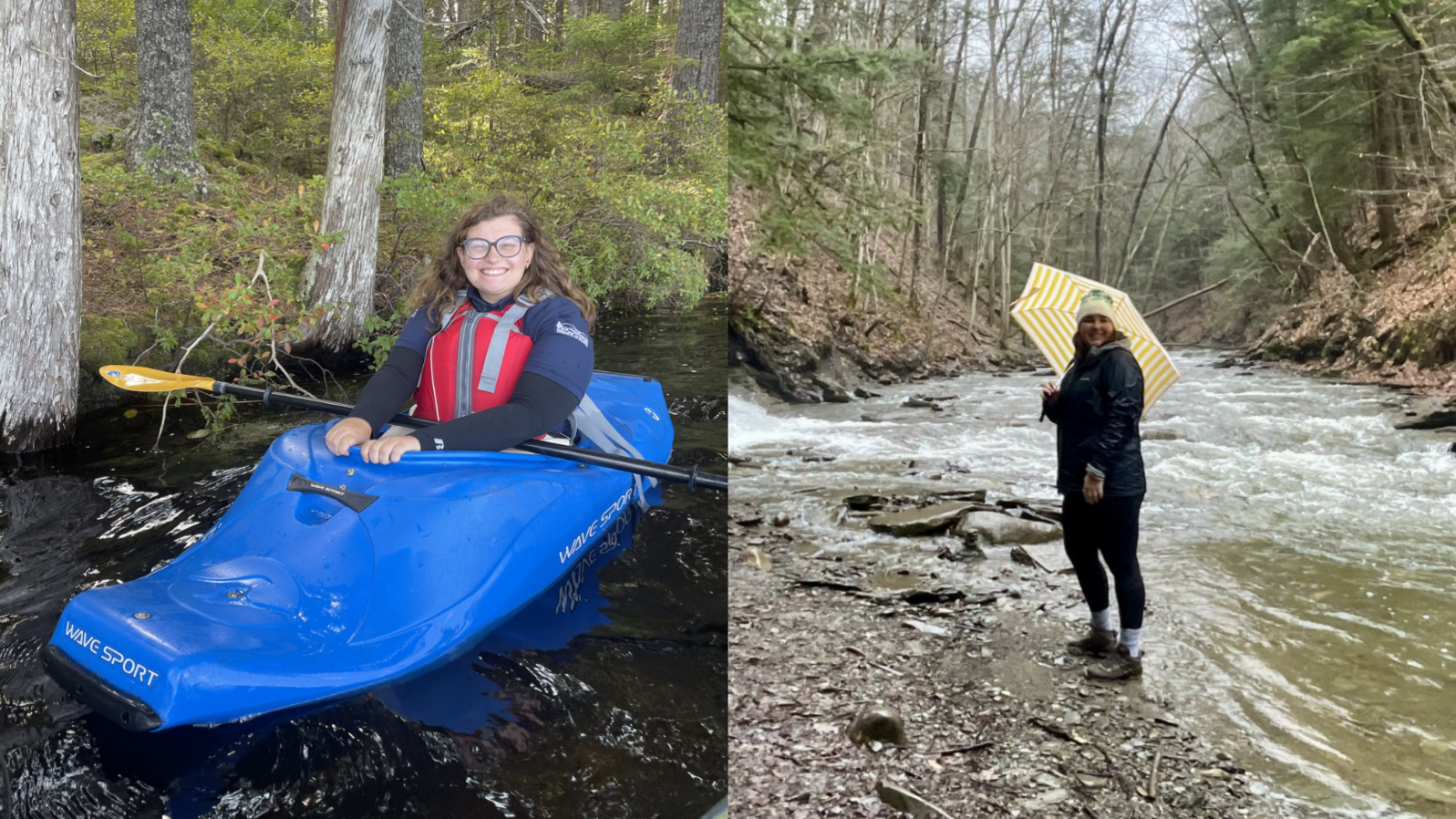 Two photos side by side. The left photo features Amanda Ives in a blue kayak in a stream. The right photo features Teresa Pietrusinski standing on the bank of a river in the rain with an umbrella.