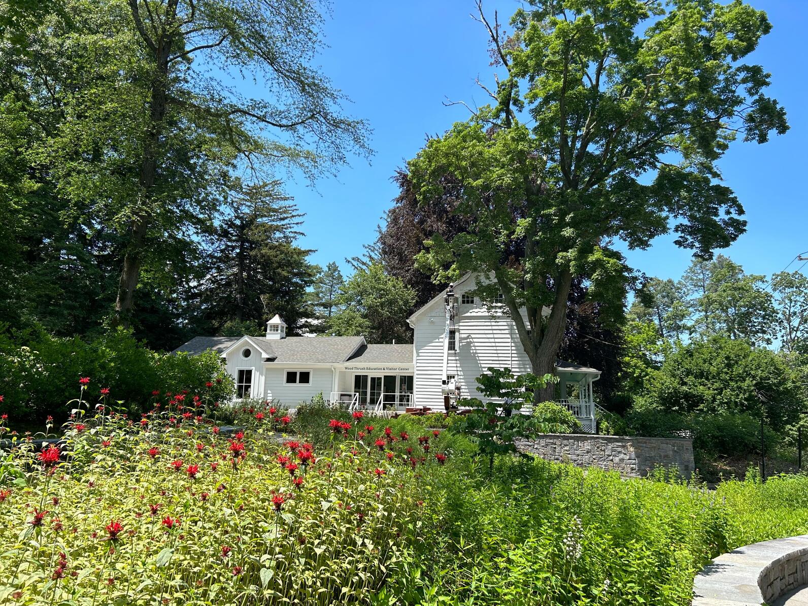 The visitor center viewed from the garden entrance. A swath of bright red and other flowers stands in between the viewer and the center. The Motus station is blocked by a large tree.