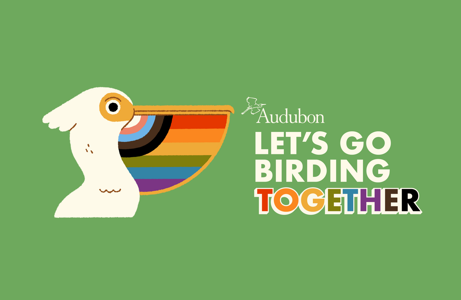 Illustration of a white pelican. It's beak is the colors of the Progress Pride Flag.